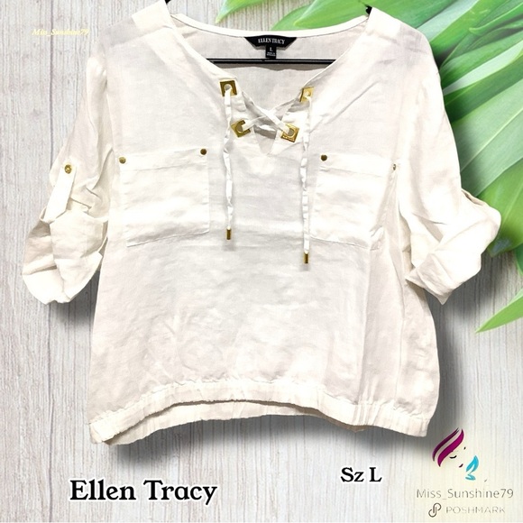 Ellen Tracy - Sz L - 100% Linen cropped short sleeved - criss cross tie closure - Picture 1 of 5